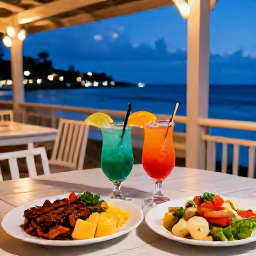 Caribbean Holidays, August Honeymoons, Fresh tropical Saint Lucian food and colourful cocktails served at a relaxed seaside restaurant at dusk