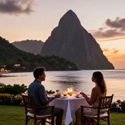 Caribbean Holidays, August Honeymoons, Honeymoon couple enjoying a private sunset dinner overlooking the Pitons and Caribbean coastline in Saint Lucia