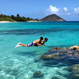 Caribbean Holidays, August Honeymoons, Honeymoon couple snorkelling together in clear turquoise water beside a coral reef in the US Virgin Islands
