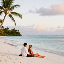 Caribbean Holidays, August Honeymoons, Newlywed couple relaxing on a quiet Caribbean beach in Saint Kitts, soft morning light, calm turquoise sea and palm trees