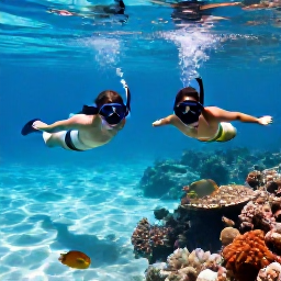 Caribbean Holidays, August Honeymoons, Newlywed couple snorkelling in clear Caribbean water beside colourful fish and coral reef