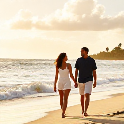 Caribbean Holidays, August Honeymoons, Newlywed couple walking hand in hand along a quiet Jamaican beach at sunset, gentle waves, warm tropical light