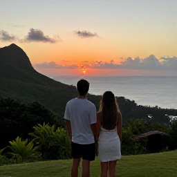 Caribbean Holidays, August Honeymoons, Newlywed couple watching a colourful sunset from a quiet Montserrat viewpoint, tropical hills and Caribbean sea