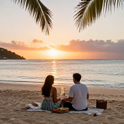 Caribbean Holidays, August Honeymoons, Romantic beach picnic at sunset on Saint Martin, with two glasses of sparkling wine, palms and a calm Caribbean sea