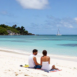 Caribbean Holidays, August Honeymoons, Romantic beach picnic for two on a secluded sandy island in the Grenadines, calm blue water, sailing boat in the distance