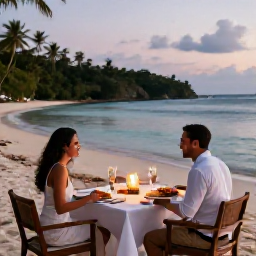Caribbean Holidays, August Honeymoons, Romantic beachfront dinner for two in Jamaica, candlelit table, fresh seafood, tropical beach and calm evening sea