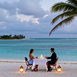 Caribbean Holidays, August Honeymoons, Romantic beachfront dinner for two in Turks and Caicos, white tablecloth, lanterns, calm turquoise water and tropical evening sky