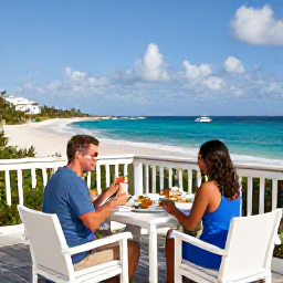 Caribbean Holidays, August Honeymoons, Romantic beachfront resort in Barbados with a couple enjoying breakfast on a private terrace