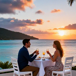 Caribbean Holidays, August Honeymoons, Romantic Caribbean sunset dinner for two on a terrace overlooking the sea in the United States Virgin Islands