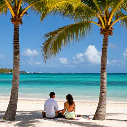 Caribbean Holidays, August Honeymoons, Romantic couple relaxing beneath palm trees beside turquoise Caribbean water on St Thomas