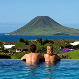 Caribbean Holidays, August Honeymoons, Romantic couple relaxing beside an infinity pool overlooking Montserrat's green volcanic hills and blue Caribbean sea