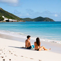 Caribbean Holidays, August Honeymoons, Romantic couple relaxing on a secluded white-sand beach in Saint Barth&eacute;lemy, calm blue sea and green hills in the background