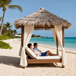 Caribbean Holidays, August Honeymoons, Romantic couple relaxing on a shaded beach cabana in Nassau, The Bahamas, with turquoise water, soft sand and tropical greenery