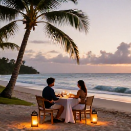 Caribbean Holidays, August Honeymoons, Romantic couple sharing a private sunset dinner beside a Caribbean beach on Nevis, lanterns, palm trees and gentle waves