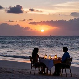Caribbean Holidays, August Honeymoons, Romantic Dominican Republic sunset dinner for two on a beach, with lanterns, a small table and calm Caribbean waves