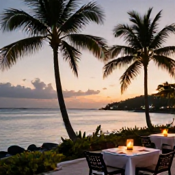 Caribbean Holidays, August Honeymoons, Romantic open-air restaurant on a British Virgin Islands waterfront at sunset, with a candlelit table, palm trees and calm sea