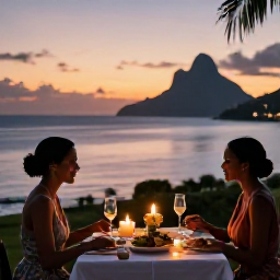 Caribbean Holidays, August Honeymoons, Romantic outdoor dinner for two with local Montserrat food, candles and a sunset Caribbean sea view