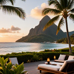 Caribbean Holidays, August Honeymoons, Romantic Saint Lucia resort terrace with ocean view, tropical greenery and warm evening light