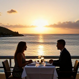 Caribbean Holidays, August Honeymoons, Romantic sunset dinner for two on a terrace overlooking the Caribbean Sea in Saint Barth&eacute;lemy, warm evening light and elegant table setting