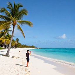 Caribbean Holidays, August Hotspots, A bright August morning at Seven Mile Beach in Grand Cayman, with turquoise water, white sand, palm trees and a traveller taking a beach photograph