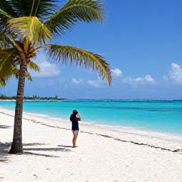 Caribbean Holidays, August Hotspots, A bright Caribbean beach in August with turquoise water, white sand, palm trees and a traveller taking a photograph