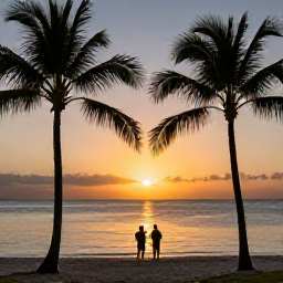 Caribbean Holidays, August Hotspots, A Caribbean sunset over calm ocean water with silhouetted palm trees and two travellers watching from a sandy beach