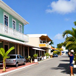 Caribbean Holidays, August Hotspots, A colourful Caribbean town street with pastel buildings, tropical plants, local caf&eacute;s and a visitor taking photos