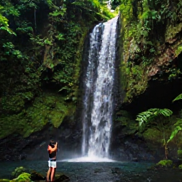 Caribbean Holidays, August Hotspots, A lush Caribbean waterfall surrounded by tropical forest with a person standing safely nearby taking a photograph