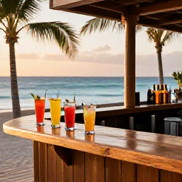 Caribbean Holidays, August Hotspots, A relaxed Caribbean beach bar at golden hour with colourful drinks, wooden seating, palm trees and the sea in the background