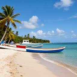 Caribbean Holidays, August Hotspots, Colourful fishing boats on a bright sandy beach at Anse Chastanet, Saint Lucia, surrounded by palms and clear blue water