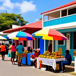 Caribbean Holidays, August Hotspots, Colourful street scene at Castries Market in Saint Lucia, tropical fruit stalls, local crafts and friendly shoppers in natural daylight