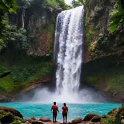 Caribbean Holidays, August Hotspots, Emerald green waterfall in a tropical rainforest at Toraille Waterfall, Saint Lucia, visitors viewing the pool and lush foliage