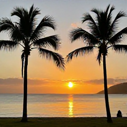 Caribbean Holidays, August Hotspots, Sunset over Rodney Bay in Saint Lucia, palm silhouettes, calm sea and golden orange sky with a relaxed beach atmosphere