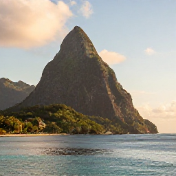 Caribbean Holidays, August Hotspots, Wide scenic view of the Pitons rising from the sea in Saint Lucia, warm August light, lush green hills and calm turquoise water