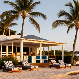 Caribbean Holidays, August Instagram Hotspots, A stylish beach club scene with striped loungers, palm trees and golden evening light at St Jean Beach, Saint Barth&eacute;lemy