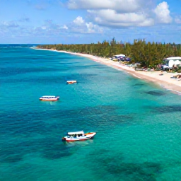 Caribbean Holidays, August Instagram Hotspots, Aerial view of clear turquoise sea, sandy beach and colourful boats at a Puerto Rico coastal spot in August sunshine