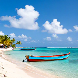 Caribbean Holidays, August Instagram Hotspots, Colourful fishing boats and calm turquoise water at Store Bay in Tobago, with palm trees and a bright tropical sky
