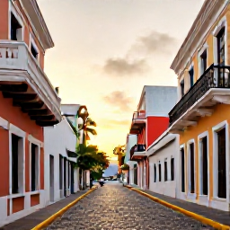 Caribbean Holidays, August Instagram Hotspots, Golden hour photograph of Old San Juan, Puerto Rico, with colourful colonial buildings, cobbled streets and palm trees