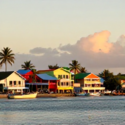 Caribbean Holidays, August Instagram Hotspots, Golden-hour photograph of Roseau waterfront in Dominica, colourful buildings, palm trees, fishing boats and Caribbean sea under warm evening light