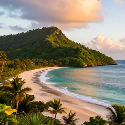 Caribbean Holidays, August Instagram Hotspots, Golden-hour view of Maracas Bay in Trinidad, with lush green hills, turquoise sea and a quiet sandy beach