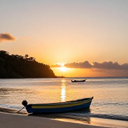 Caribbean Holidays, August Instagram Hotspots, Relaxed beach scene at sunset on Union Island, Caribbean shoreline, local boats and warm evening light