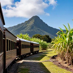 Caribbean Holidays, August Instagram Hotspots, Scenic railway journey through Saint Kitts sugar cane countryside in August, with vintage train carriages, tropical greenery and distant mountains