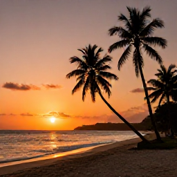Caribbean Holidays, August Instagram Hotspots, Sunset over the Caribbean Sea from a quiet Tobago beach, with silhouettes of palm trees and warm orange light
