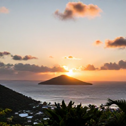 Caribbean Holidays, August Instagram Hotspots, Sunset over the Caribbean Sea viewed from a hillside lookout on Saint Barth&eacute;lemy, with warm clouds and island silhouettes