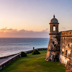 Caribbean Holidays, August Instagram Hotspots, Sunset view from Castillo San Felipe del Morro in Puerto Rico, overlooking the sea and historic city walls
