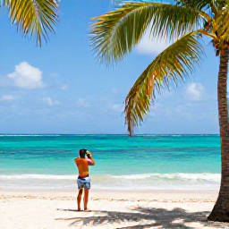 Caribbean Holidays, August Instagram Spots, A bright tropical beach in the Dominican Republic in August, with turquoise sea, palm trees and a stylish traveller taking a photograph