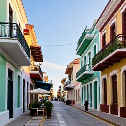 Caribbean Holidays, August Instagram Spots, A colourful colonial street in Santo Domingo with pastel buildings, balconies, caf&eacute;s and people enjoying an August afternoon