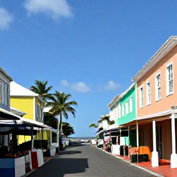 Caribbean Holidays, August Instagram Spots, A colourful street scene in Marigot, Saint Martin, with pastel buildings, market stalls, palm trees and a glimpse of the Caribbean harbour