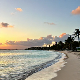 Caribbean Holidays, August Instagram Spots, A golden-hour beach scene at Orient Bay in Saint Martin, with calm turquoise water, pale sand, palm trees and a colourful sunset sky