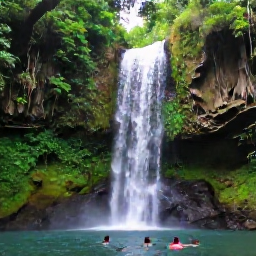Caribbean Holidays, August Instagram Spots, A lush tropical waterfall in the Dominican Republic surrounded by green forest, with visitors swimming in a natural pool